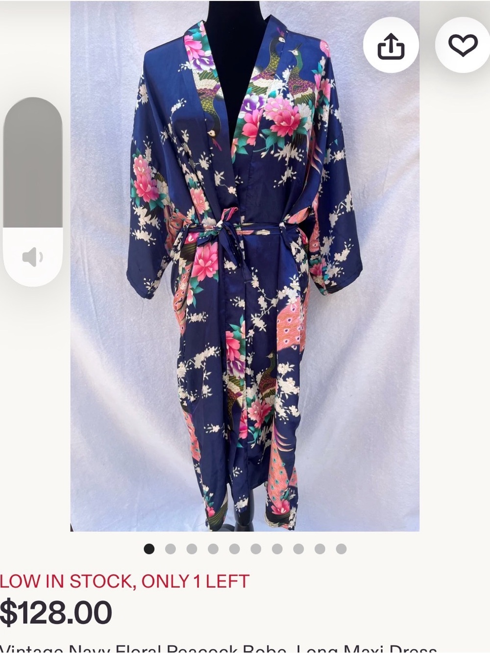 Vintage Navy Floral Peacock Kimono Robe - Navy/Pink